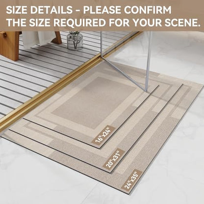 Non Slip Bath Mat Thin Bathroom Rugs Fit Under Door Beige 24"x 35" | Quick Dry Absorbent Washable Rubber Backing Bath Rug Shower Mat Bathroom Floor Mat for Sink Bathtub Beside Shower Entrance