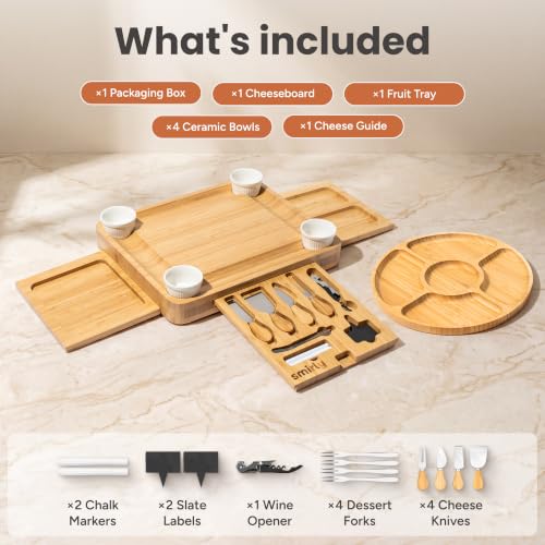 SMIRLY Charcuterie Boards Set, Large Cheese Board Set, Bamboo | House Warming Gift, Wedding Gift for Couple, Bridal Shower Gift, Cheese Board Gift Set, Detachable Drawer Design, 3-Drawer