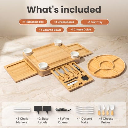 SMIRLY Charcuterie Boards Set, Large Cheese Board Set, Bamboo | House Warming Gift, Wedding Gift for Couple, Bridal Shower Gift, Cheese Board Gift Set, Detachable Drawer Design, 3-Drawer
