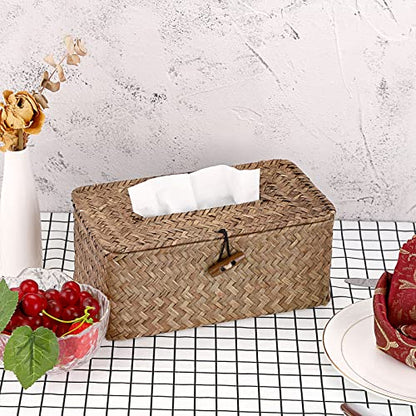 Sumnacon Tissue Box Cover Rectangle Seagrass Woven Tissue Box Holder,Coffee | Decorative Tissue Box Cover Rectangular with Lid for Bathroom Natural Farmhouse Tissue Covers for Home Office Table,Medium