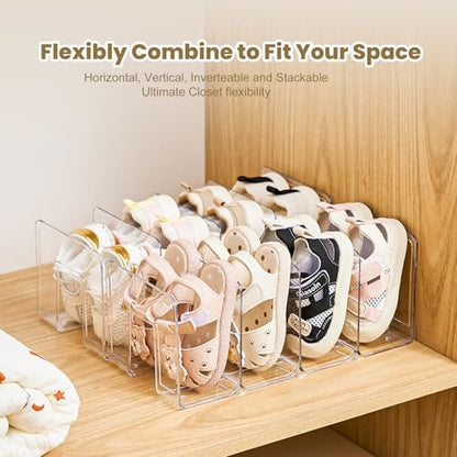 UFORU 2-Pack Acrylic Toddler Shoe Organizer,Baby Kids Shoe Rack Storage | Clear Stackable 4‑Section Shelf Hold Up To Four Pairs Per Rack,Also Organizes Books, Files, Purses And Desk Supplies.