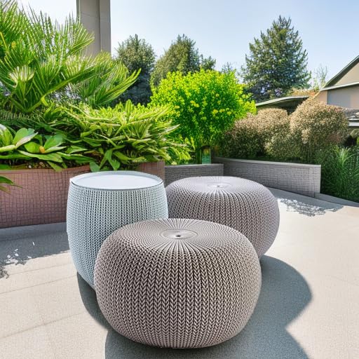 Keter Urban Knit Pouf Ottoman Set of 2 with Storage Table for Patio and Room Décor - Perfect for Balcony, Deck, and Outdoor Seating, Misty Blue & Taupe