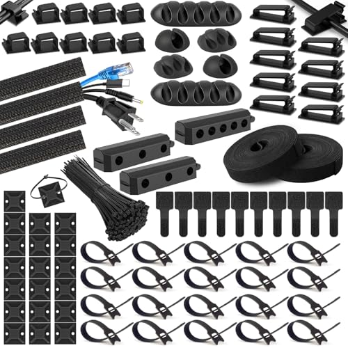 285 PCS Cable Management Kit - 4 Cable Sleeve Split, 50 Adhesive Cable Clips, 9 Cable Holder, 2 Roll Cable Organizer Straps, 200 Cable Zip Ties with 20 Mounts, for Computer TV Under Desk - Black