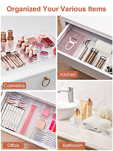 SMARTAKE 22 PCS Drawer Organizer, 4-Size Desk Bathroom Drawer Organizer | 4-Size Storage Tray with Non-Slip Silicone Pads for Makeup, Jewelries, Utensils in Bedroom Dresser, Office and Kitchen, Clear