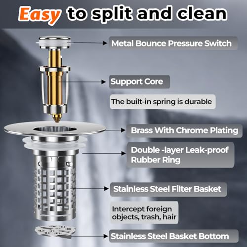 Bathroom Sink Drain Strainer(2PCS), Stainless Steel Pop-up Strainer Basket Hair Catcher with Removable Basket, Brass Bullet Core, Universal Fit 1.1-2.36 Inch