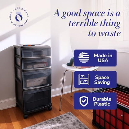 Homz 4 Drawer Plastic Storage and Organizer Cart, Rolling Cabinet for Home, Office, Classroom, Craft, Art Supplies, Black Frame/Tinted Drawers | Plastic Organizer with Clear Bin Drawers for Bedroom, Bathroom, Home Office, and Dorm Rooms