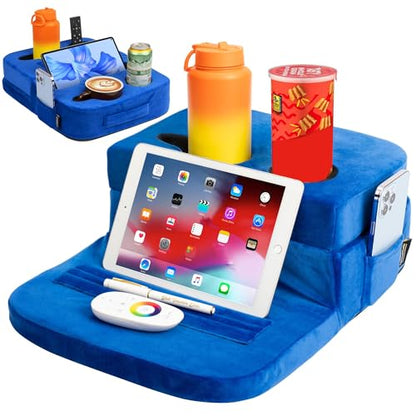 Couch Cup Holder Tray Pillow - Bed, Couch Caddy, Sofa, RV & Car - Holds Drinks, Snacks, Remotes, Phones, Kindle, Tablet | Bed Cup Holder (Blue)