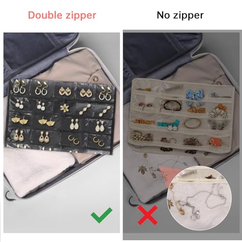 FOREGOER Hanging Jewelry Organizer Storage Roll 88 Zippered Pocket, 2-Sided | 88 Zipper Pockets, Dustproof Foldable for Travel, Accessories Organizer Holder for Earring Necklace Ring on Closet Wall Door