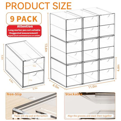 9 Pack Small Acrylic Drawers With 18 Drawers,Clear Drawer Organizers Stackable,School,Office Supplies Organizer And Storage Bins for Stationery,Pen,Pencil,Craft,Glasses,Sunglass Organizer Case