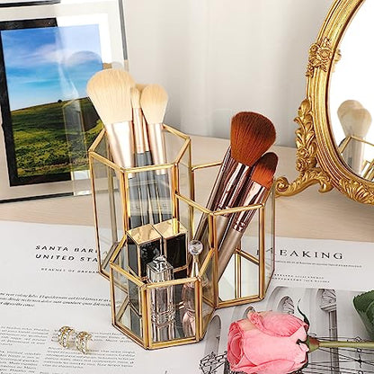 Hipiwe Glass Makeup Brush Holder 3 Slot Gold Desktop Pen Pencil Pot Cup | Mirrored Cosmetics Brush Organizer, Office Desk Storage Holder Vintage Decorative Makeup Storage Box, Large