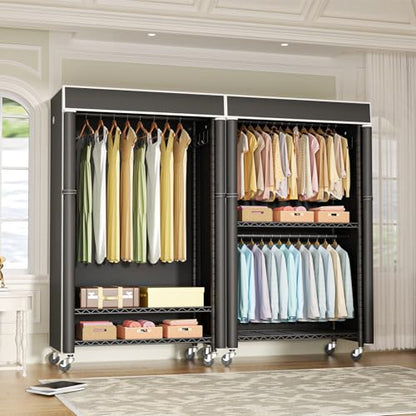 Clothing Rack with Cover, P1C Rolling Closets with Wheels, Metal Garment Rack for Hanging Clothes, Clothing Storage Wardrobe with Cover, 36.2" W x 16.5" D x 80.5" H, Black, Load 450 Pounds