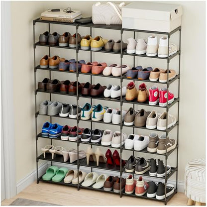 SMILHELTD Large Shoe Rack 3 Row 8 Tier Sneaker Storage Organizer 48 Pairs | Metal Tiered Plastic Shelves Dust-Proof Mats, Space Saving Oganization for Garage Closet, DIY Assembly, 49.2"W x 50.8"H