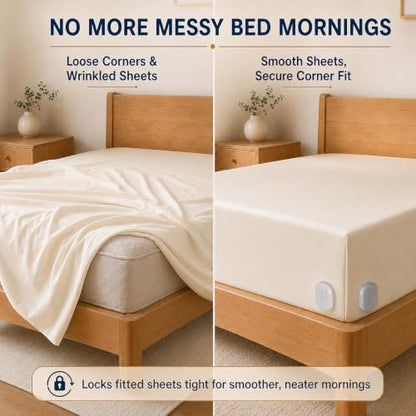 Bed Sheet Holders for Corners, 90° Quick-Lock Fitted Sheet Holder, 4-Pack | Fits 3.8-16 in. mattresses; Adjustable-base friendly; Clear corner access; One-person install; ABS, no metal teeth