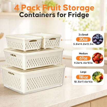 Fruit Storage Containers for Fridge, 4 Pack Plastic Food Storage Container
