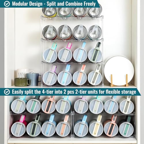 Acrylic Water Bottle Organizer, Hold Stanley 40 OZ Cup & Large Bottles & Tumblers w/Handle - Stackable Clear Bottle Holder Rack for Home Kitchen Pantry Shelf Countertop Cabinet, 4 Tier Hold 16