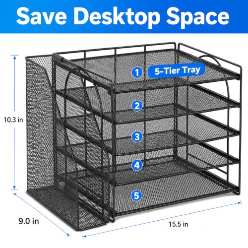 Desk Organizers and Accessories, 5-Tier Paper Organizer Letter Tray with Magazine Holder, Office Desk Accessories & Workspace Organizers, Desktop File Organizer for Office Supplies, Black
