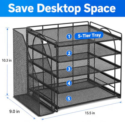 Desk Organizers and Accessories, 5-Tier Paper Organizer Letter Tray with Magazine Holder, Office Desk Accessories & Workspace Organizers, Desktop File Organizer for Office Supplies, Black