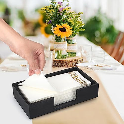 Black Wooden Napkin Holder for Bathroom Paper Hand Guest Towels Holder Tray | Cocktail Table Napkins Holder Flat Wood Paper Towel Holder Countertop Guest Bathroom Decor Disposable Face Towel Holder