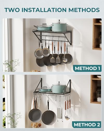 OROPY 23" Pot Rack Wall Mounted, Pot Organizer with 2 Tier Hanging Rails | Heavy Duty Pot and Pan Organizer with Storage Shelf & 12 S Hooks, Space Saving Hanging Pot Rack