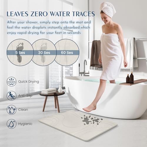 Stone Bath Mat Quick Dry Diatomaceous Earth Bath Mat Non-Slip Shower Stone Bathmat Super Absorbent Water Diatomite Bathroom Floor Pad, Natural, Esay to Clean, 23.6 x 15.4 (Flow Line-Beige)