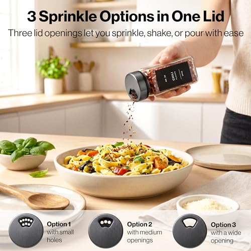 Glass Spice Jars with Label, Space Gray Sprinkle Lids (24 x 4oz)