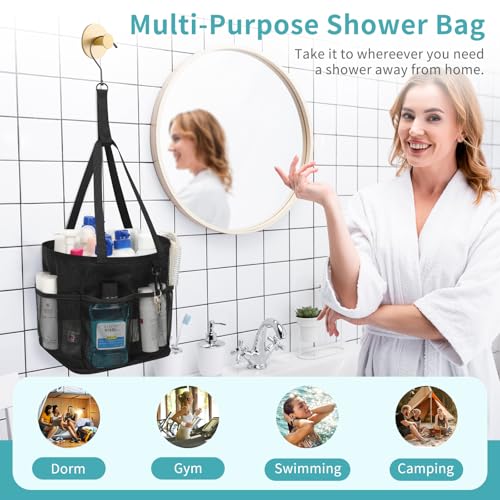 Mesh Shower Caddy Portable for College Dorm Room Essentials, Shower Tote Bag with Hanging Hook and Drawstring, Quick Dry Toiletry Bag with 6 Pockets for Bathroom, Swimming, Gym, Camping, Beach, Travel
