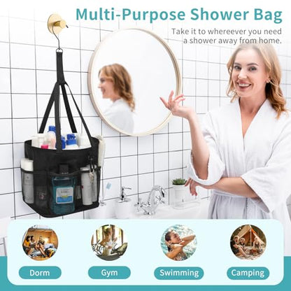 Mesh Shower Caddy Portable for College Dorm Room Essentials, Shower Tote Bag with Hanging Hook and Drawstring, Quick Dry Toiletry Bag with 6 Pockets for Bathroom, Swimming, Gym, Camping, Beach, Travel