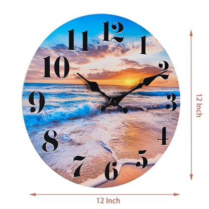 Beach Wall Clock Indoor Outdoor Sunset Waterproof Wall Clock Decor for Patio Pool Garden (12Inch,Coastal Theme)