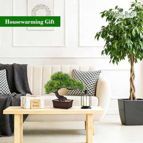 Der Rose 2Pcs Paired Fake Bonsai Tree Set Fake Plants for Shelf Desk Decor | 8" artificial bonsai tree set with varied canopies and pebble bases; paired display adds balance to home japanese asian decor