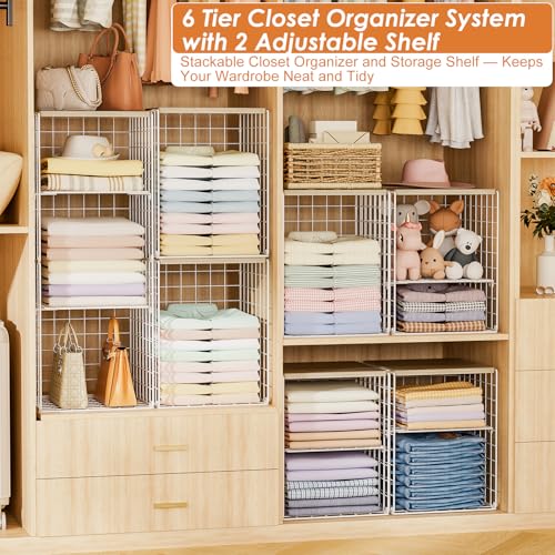 6 Tier Taller Closet Organizers and Storage, Stackable Closet Shelf Organizer with 2 Dividers for Clothes Towels Toys, Rv, Double Storage Design, Clothing Storage Basket for Wardrobe, White