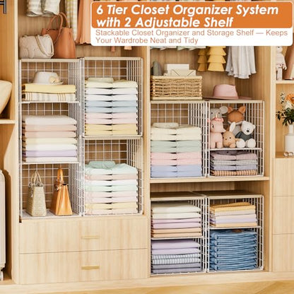 6 Tier Taller Closet Organizers and Storage, Stackable Closet Shelf Organizer with 2 Dividers for Clothes Towels Toys, Rv, Double Storage Design, Clothing Storage Basket for Wardrobe, White