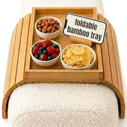 Four Flowers Foldable Bamboo Couch Arm Tray with Detachable Couch Cup Holder– Sofa Armrest Table for Remote, Snacks, Phone – Portable Armrest Caddy Tray for Sofa, Recliner, or Armchair