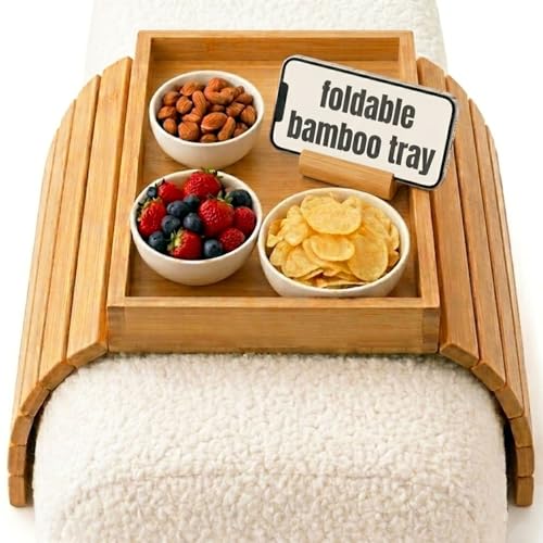 Four Flowers Foldable Bamboo Couch Arm Tray with Cup Holder– Sofa Armrest Table for Remote, Snacks, Phone – Portable Armrest Caddy Tray for Sofa, Recliner, or Armchair