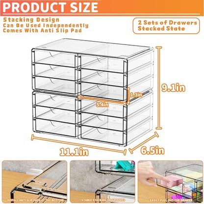 2 Pack Acrylic Storage Drawers With 12 Small Drawer,Stackable Office Cabinet Organizer and Makeup Organizer,Clear Plastic Drawers for Craft Supply,Pen,Stationary,Accessory,Makeup,Desk Organizer