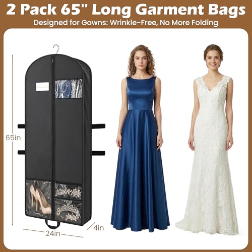 65" Long Garment Bags, 2 Pack Waterproof Travel Dress Bags for Hanging Clothes, Wedding Dress Cover Clothes Protector for Closet Storage, Suitable for Gowns, Tuxedos, Coats, Black