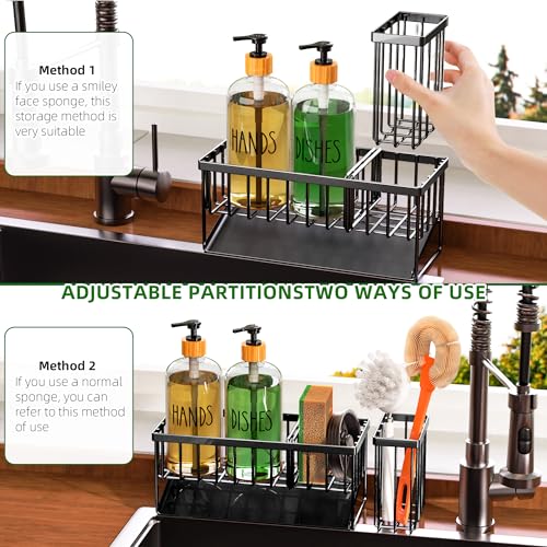 Cisily Kitchen Dish Soap Dispenser Set with Black Sponge Holder and 2 Pack 16.9oz Clear Glass, Dish Soap Dispensers for Kitchen Sink, Vintage Hand and Dish Soap Dispensers Set