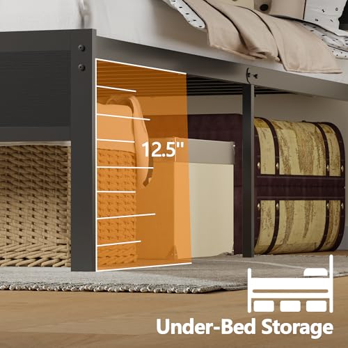 Full Size Bed Frame, Storage Headboard, LED & Charger, Black Oak
