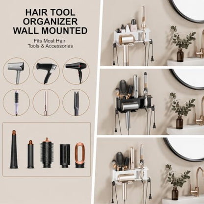 Hair Dryer Holder Hot Tools Organizer, Blow Dryer Holder Wall Mount, Bathroom Hair Tool Organizer Rack for Universal Dryer White