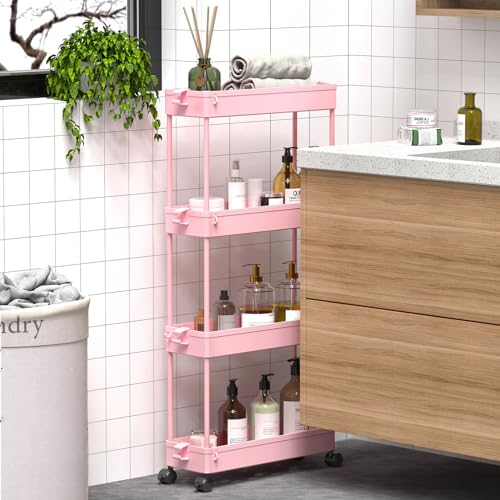 SPACEKEEPER Slim Rolling Storage Cart, 4 Tier Bathroom Cart Organizer, Pink | Narrow Rolling Cart with Wheels for Kitchen Office Bathroom Laundry Room,Mobile Utility Cart for Craft Art Makeup Nail Polish