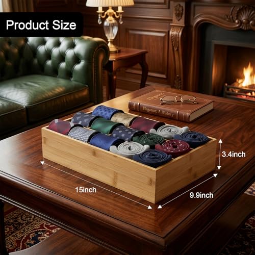 Bamboo Belt Organizer for Closet, Tie Storage Organizer Bins with Detachable Divider Drawer Organizer, Closet Organizers Storage Box for Socks, Bras, Briefs, Ties, Belts,Natural