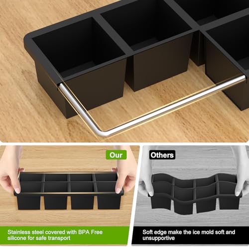 Large Ice Cube Tray: 2024 Upgraded Silicone Square Ice Cube Mold For Whiskey, New Upgraded 2 Inch Large Cubed Ice Trays for Cocktail, Big Cube Ice Maker Mold (2 Pack, Black)