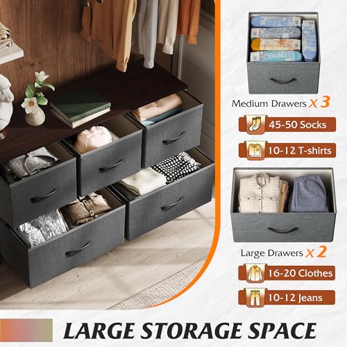 WLIVE Wide Dresser for Bedroom, 5 Drawer Chest of Drawers, Dark Grey | 5 roomy fabric drawers, Wide storage design, Bedroom or closet use, Sturdy steel frame, Smooth wood tabletop