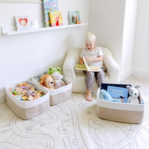 Storage Baskets 16.8”x13”x7.6” Cotton Rope Woven Baskets for Organizing 3-Pack | Toy Storage Bins | Basket for Shelves, Laundry, Blanket, Clothes, Closet, Kitchen, Bathroom, Gifts