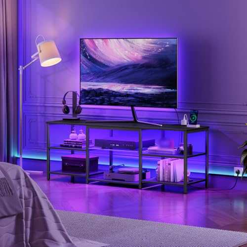 HOOBRO LED TV Stand for 65 Inch TVs with Charging Station, Gaming Entertainment Center with 3-Tier Open Storage, Long Media TV Console Table, TV Stand for Living Room, Bedroom, Black BB20UDDS01