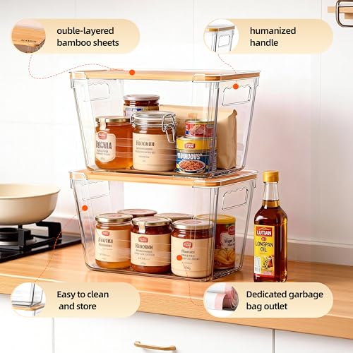 4 Pack Pantry Storage Containers for Onions, Potatoes and Trash Bags | Clear Design for Easy Access, Premium Bamboo Lid, Multi-Functional & Stackable Storage