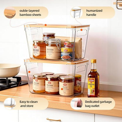 4 Pack Pantry Storage Containers for Onions, Potatoes and Trash Bags | Clear Design for Easy Access, Premium Bamboo Lid, Multi-Functional & Stackable Storage