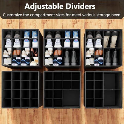 SUOCO 2 Pack Shoe Organizer for Closet, Fits up to 32 Pairs, Small Space Shoe Storage Boxes Bins Containers w/Adjustable Dividers and Clear Top, Black