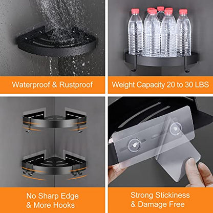 DUFU Adhesive Corner Shower Caddy with Hooks, Black, 2 Pack | Bathroom Shower Organizer, No Drilling, Rust Proof Aluminum Shower Shelf For Inside Shower