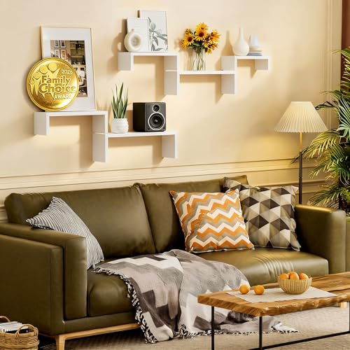 SRIWATANA White Floating Shelves, Set of 5 Solid Wood Wall Mounted Shelves | Sturdy Rustic Wall Organizers in 5-Piece Set; Space-Saving Wood Shelves to Create Custom Gallery Displays for Decor & Storage