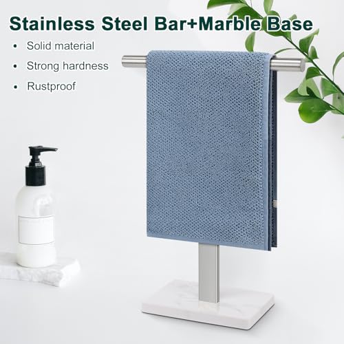 Hand Towel Holder, T-Shape Hand Towel Stand for Bathroom, Hand Towel Rack Bar Standing for Vanity Kitchen Countertop, 304 Stainless Steel (Marble Base, Brushed)